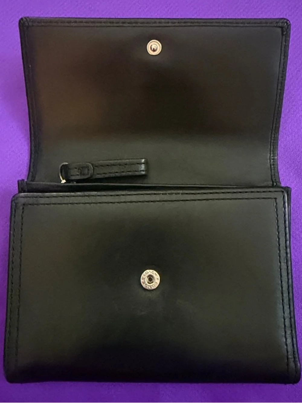 Coach Black Leather Trifold Wallet with Round Logo Snap